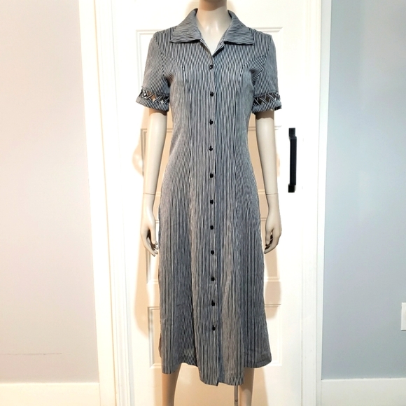 Fashion Room 1126 Button Up Midi Dress Womens M Collared Stretch Striped - Picture 1 of 9